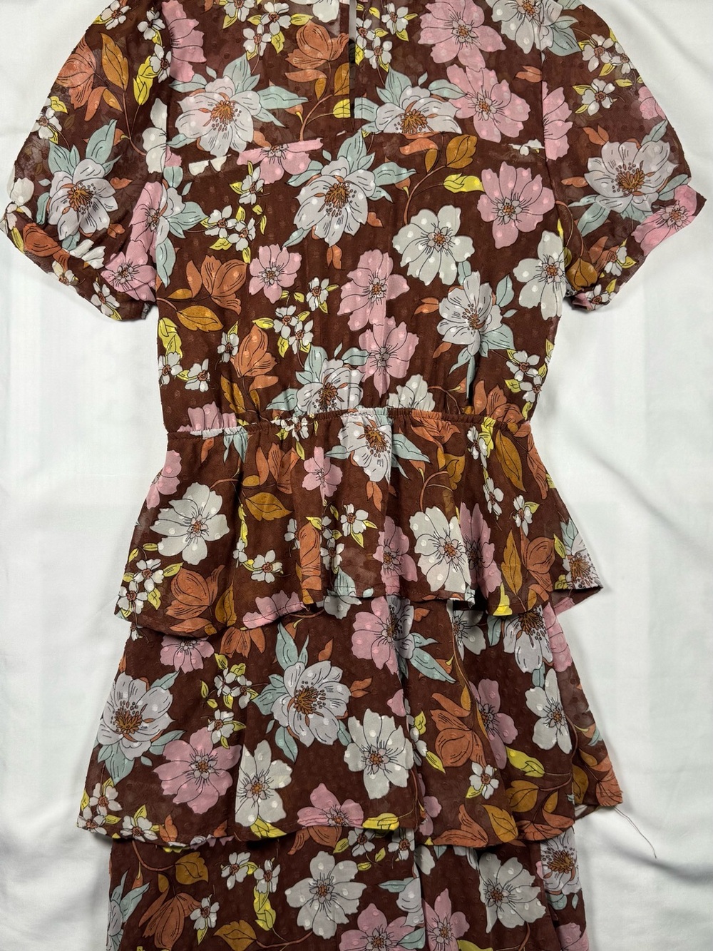 Monteau Los Angeles Peplum Brown Pink White Floral Dress SZ M EUC
